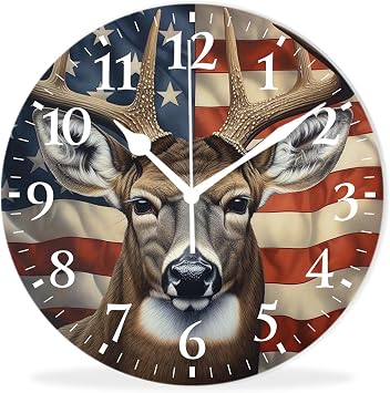 Battery Operated Analog Wall Clocks Non-Ticking Quiet Clock Decorative for Bedroom,Office,Bathroom-American Flag with Deer12inch
