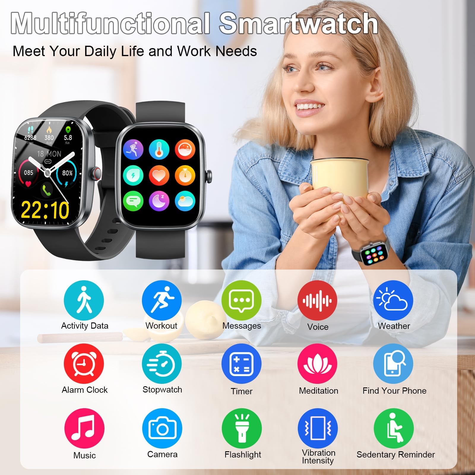 Nuovo Smartwatch Uomo Donna, 100+ Sportive Fitness Tracker con Sonno Contapassi Cardiofrequenzimetro, 1.91" Smartwatch con Effettua/Risposta Chiamate, Impermeabil IP68 Smart Watch per Android/iOS