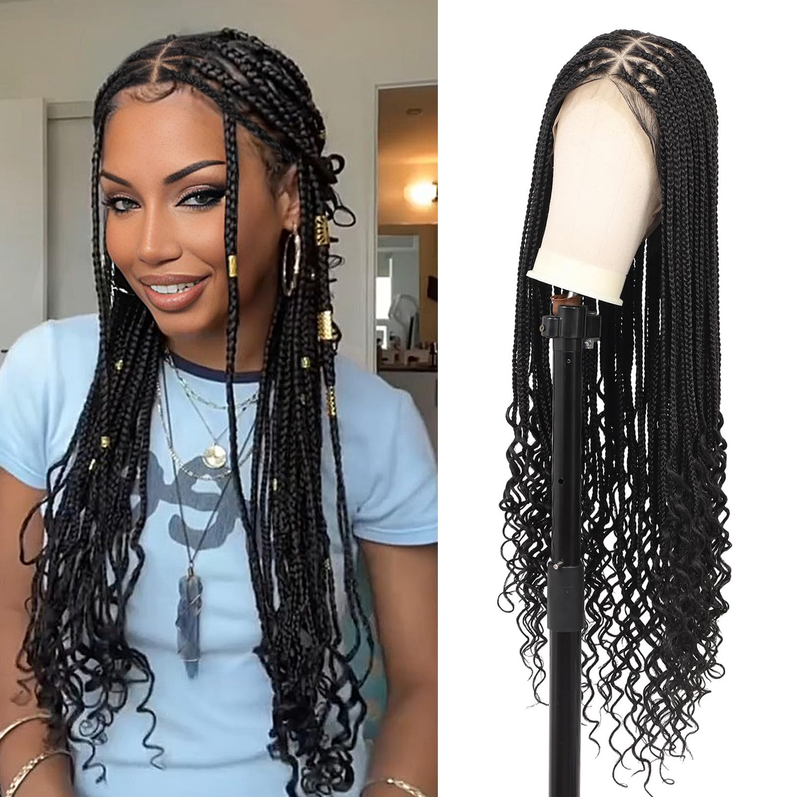 Photo 1 of Youthfee 360° HD Full Lace Knotless Braided Wigs with Boho Curly Ends for Women Braided Lace Front Wigs with Baby Hair Human Hair Blended Black Natural Box Braid Wig 36 Inch