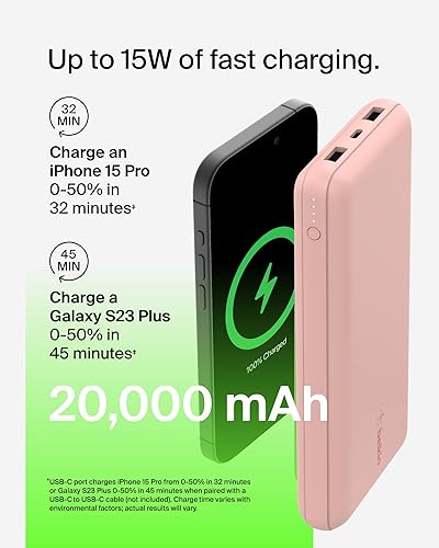 Miniatura 8 de Belkin Cargador portátil, banco de energía USB C de 20000 mAh con 1 puerto USB-C y 2 puertos USB-A, 15 W con cable tipo A a tipo C - iPhone 17, Air,