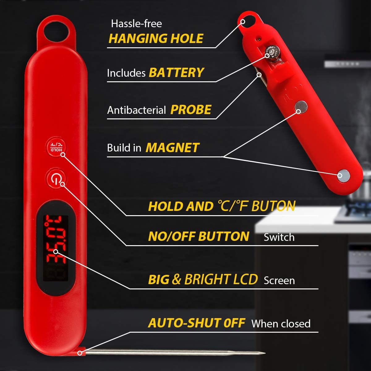 review LIANGDU Digital Food Thermometer, Instant Read Meat Thermometer Kitchen Cooking Grilling BBQ Candy with Backlight and Magnet