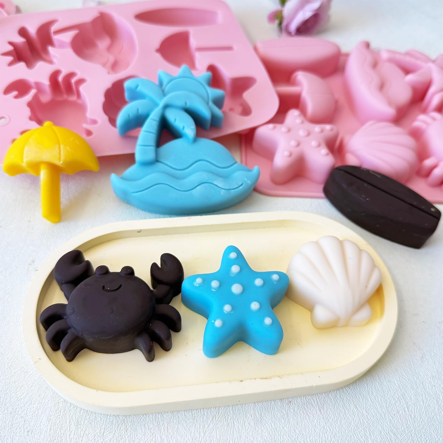 2Pcs Tropical Beach Theme Silicone Molds, 6-Cavity Summer Ocean Silicone Chocolate Molds with Palm Tree Crab Seashell Starfish Surfboard Jello Mold for Baking Candy, Gummy, Ice Cube, Soap, Resin