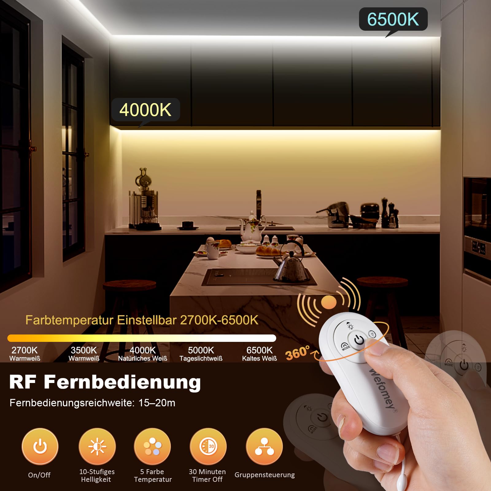 Striscia LED COB da 10 m, controllo tramite app, bianco caldo, bianco freddo, 2700 K-6500 K, 24 V, dimmerabile, flessibile, set con telecomando e alimentatore, CRI 92 6080 LED per