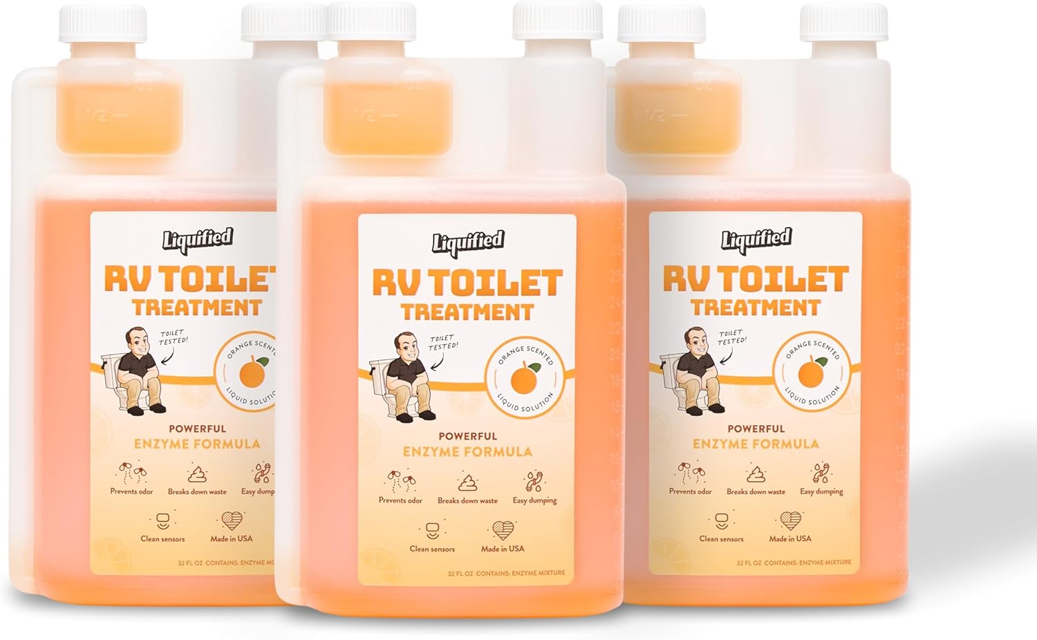 Liquified RV Toilet Treatment Bundle - Black Holding Tank Digester - Odor Eliminator - Orange Scent - Matts RV Reviews (Orange, 32oz, 3 Pack)