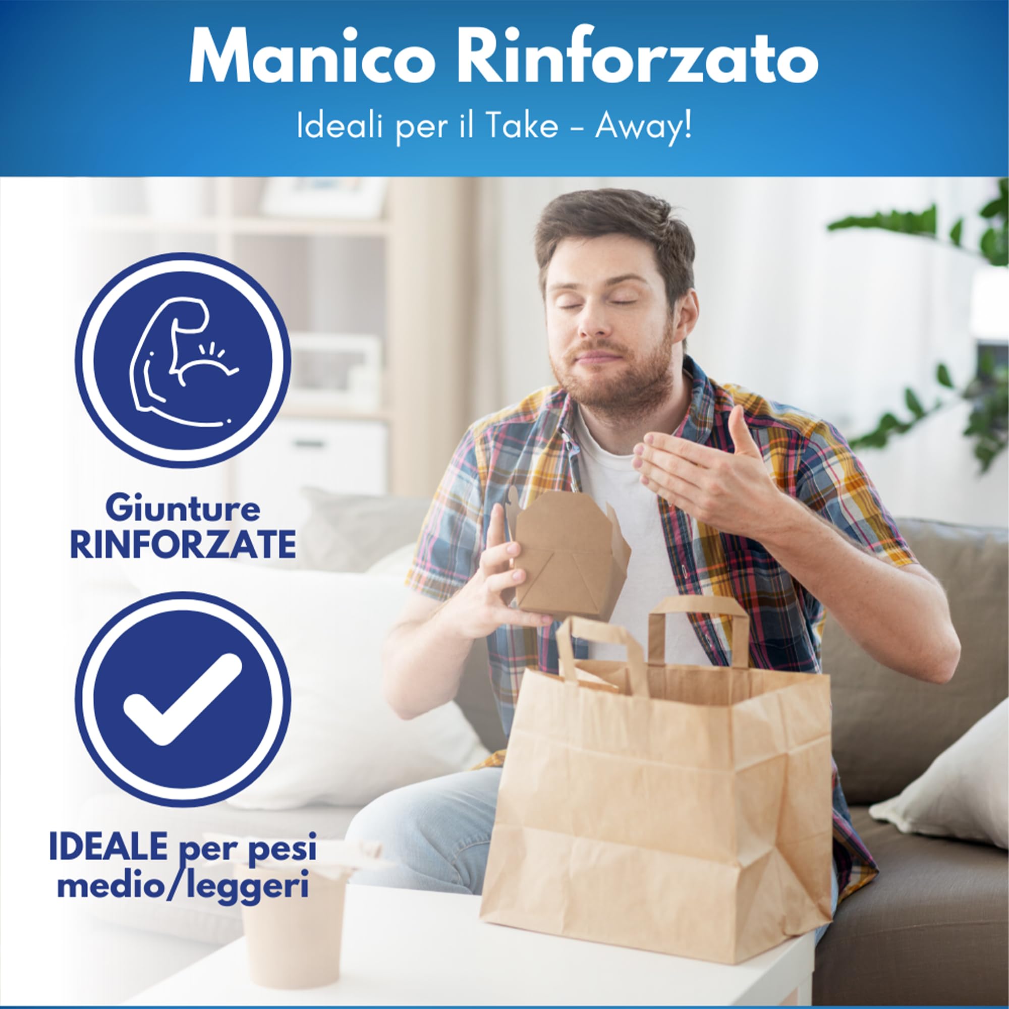 GM 50 Shopper Asporto in Carta 26+17x29h cm Avana Borse con Base Larga e Manici per Cibo Bevande Take Away