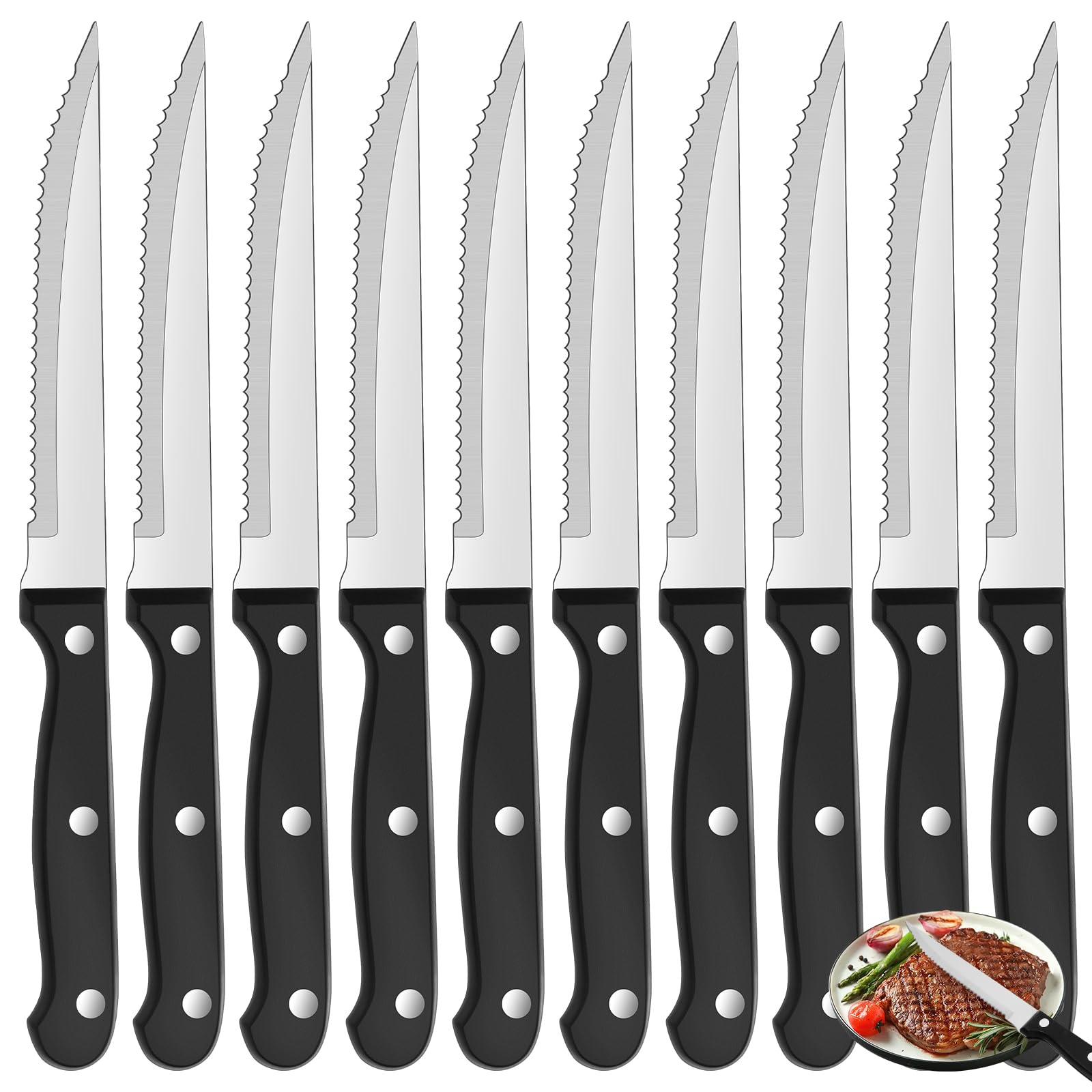 10 Stück Messerset, Steakmesser Set 21 cm, Edelstahl mit Wellenschliff, Scharfe Klingen, Tafelmesser Silber, Robuste Kunststoffgriff