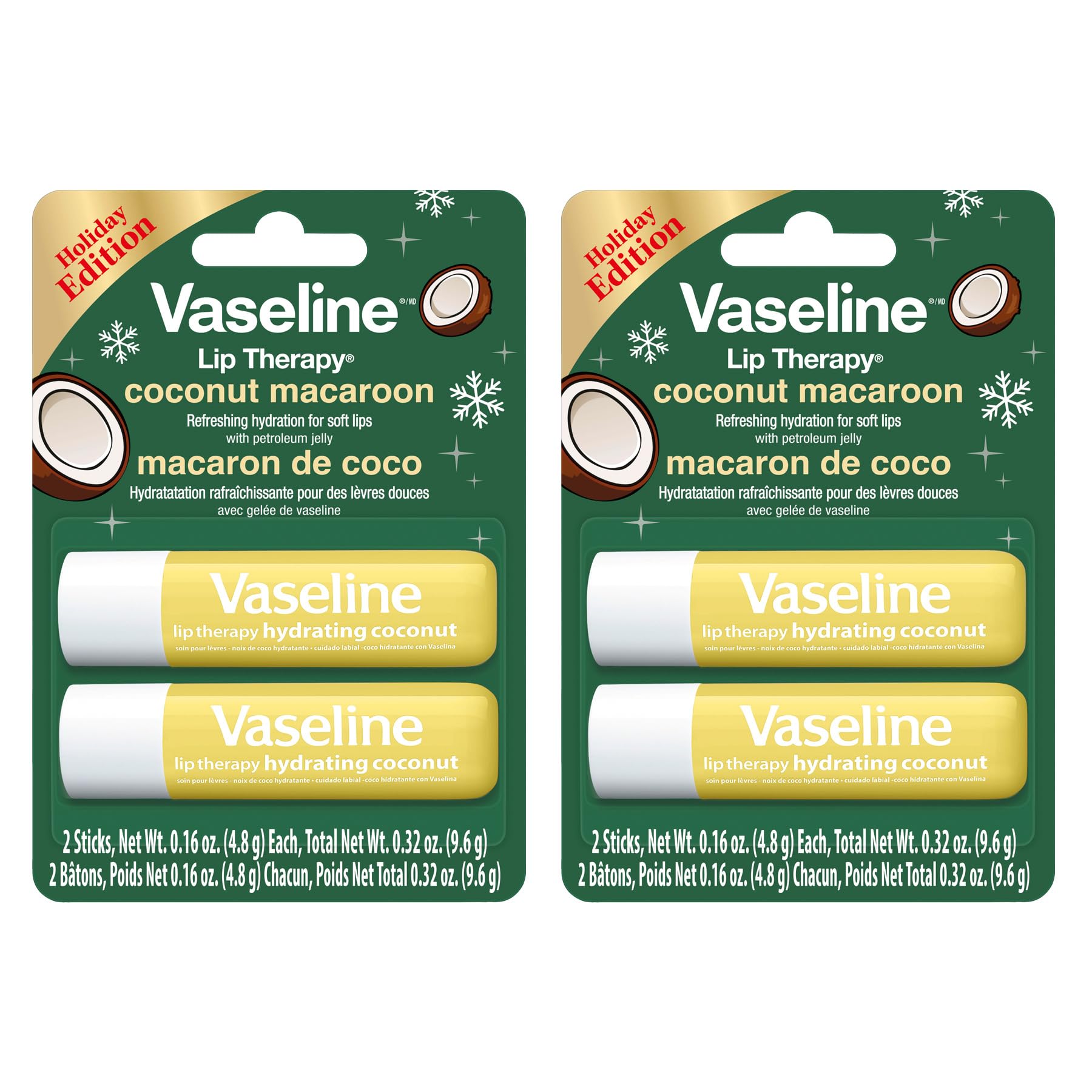 Vaseline Lip Therapy Holiday Edition Coconut Macaroon, Refreshing Hydration with Petroleum Jelly, 2 Pack with 4 Sticks, 0.16 oz Each