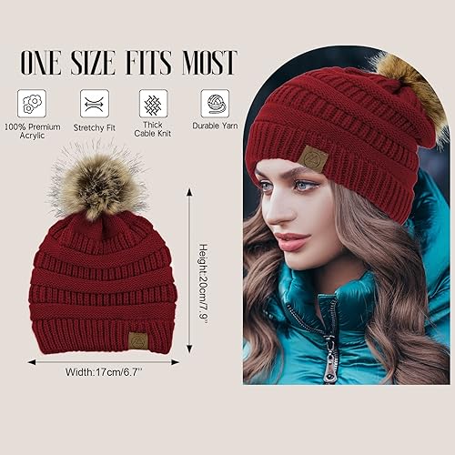 Miniatura 6 de American Trends Gorros de invierno para mujer, gorro holgado con forro de satén y pompón cálido de punto trenzado para nieve