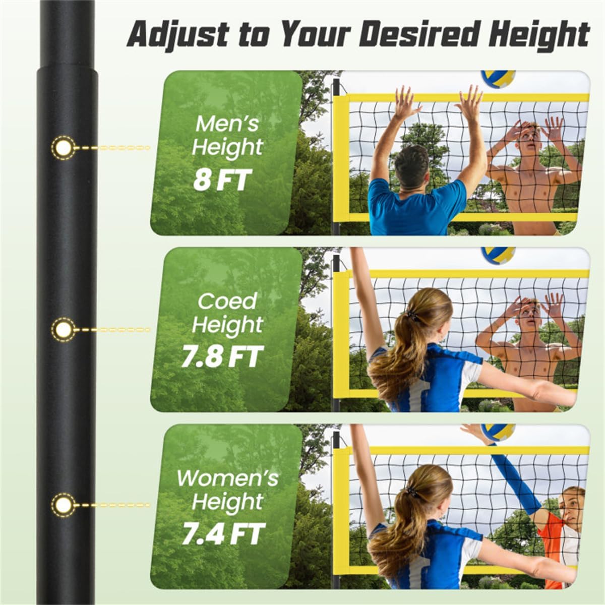 32'x3' Heavy-Duty Volleyball Net Set - 3-Level Adjustable Poles, Anti-Sag Winch, All-Inclusive Accessories-Yellow