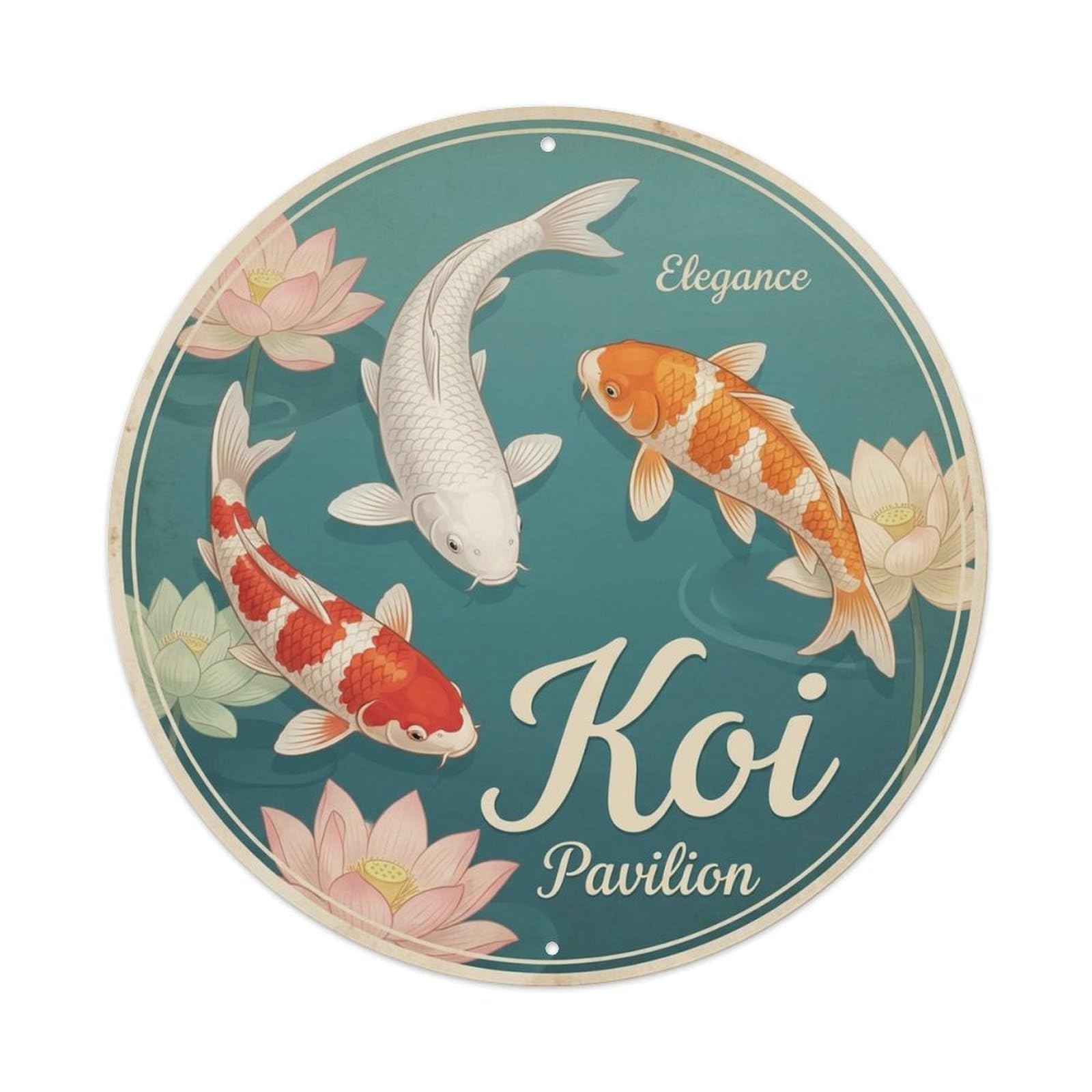 Koi Carp Elegance Classic Garden Vintage Metal Tin Sign Plaque Wall Decor for Cafe, Man Cave, Club Bar, Office, Home Garden Round Metal Poster 8x8Inch