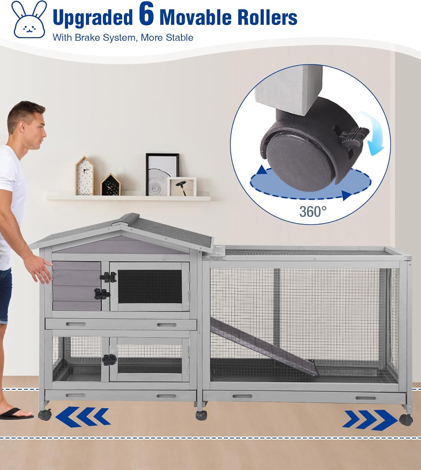 Large Rabbit Hutch Indoor, Bunny Cage Outdoor with Chew-Proof Ramp, 2-Story Guinea Pig Cages with 6 Wheels, 3 Pull-Out Trays, Waterproof Asphalt Roof, 62" L - Grey