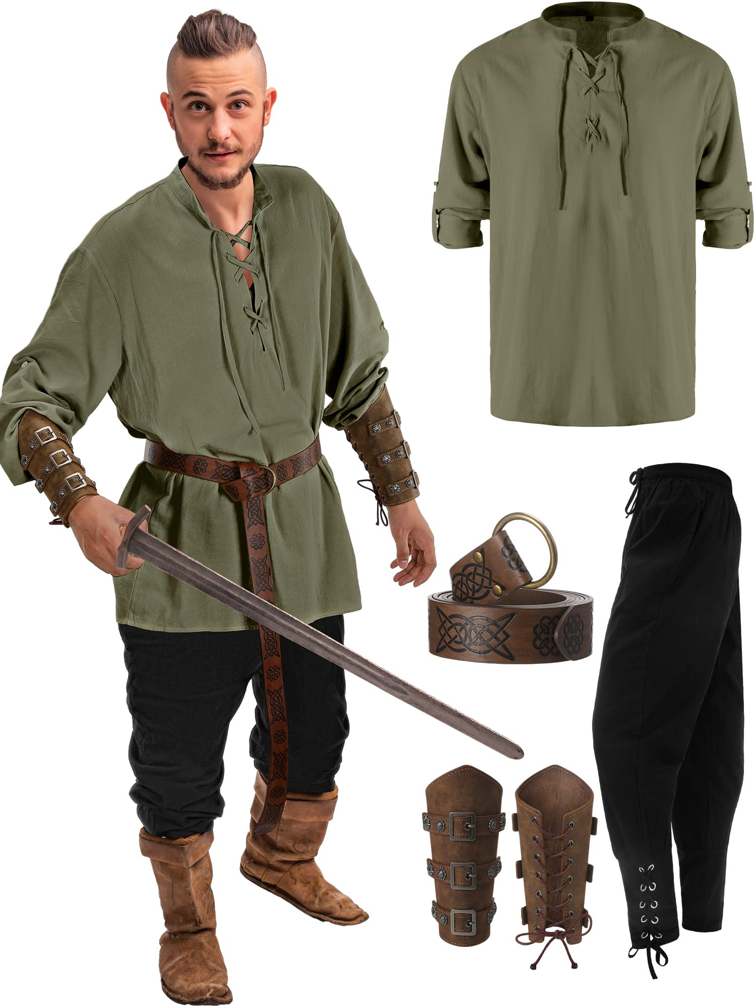 Jiuguva 4 Pcs Halloween Men's Renaissance Costume Set Medieval Pirate Shirt Ankle Banded Pants Viking Belt Accessories