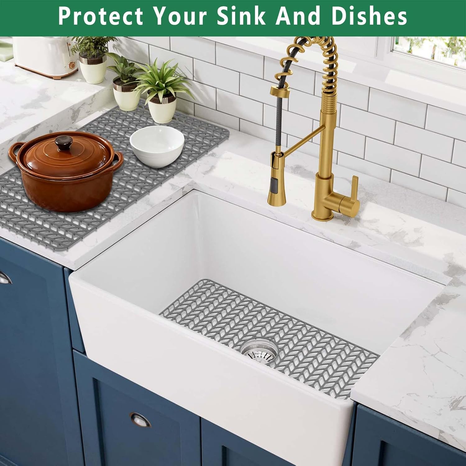 GUUKIN Sink Protectors for Kitchen Mat - 29.7“x15.5” Silicone Kitchen Sink Mat Grid for Bottom of Farmhouse Stainless Steel Porcelain with Center Drain（Grey）