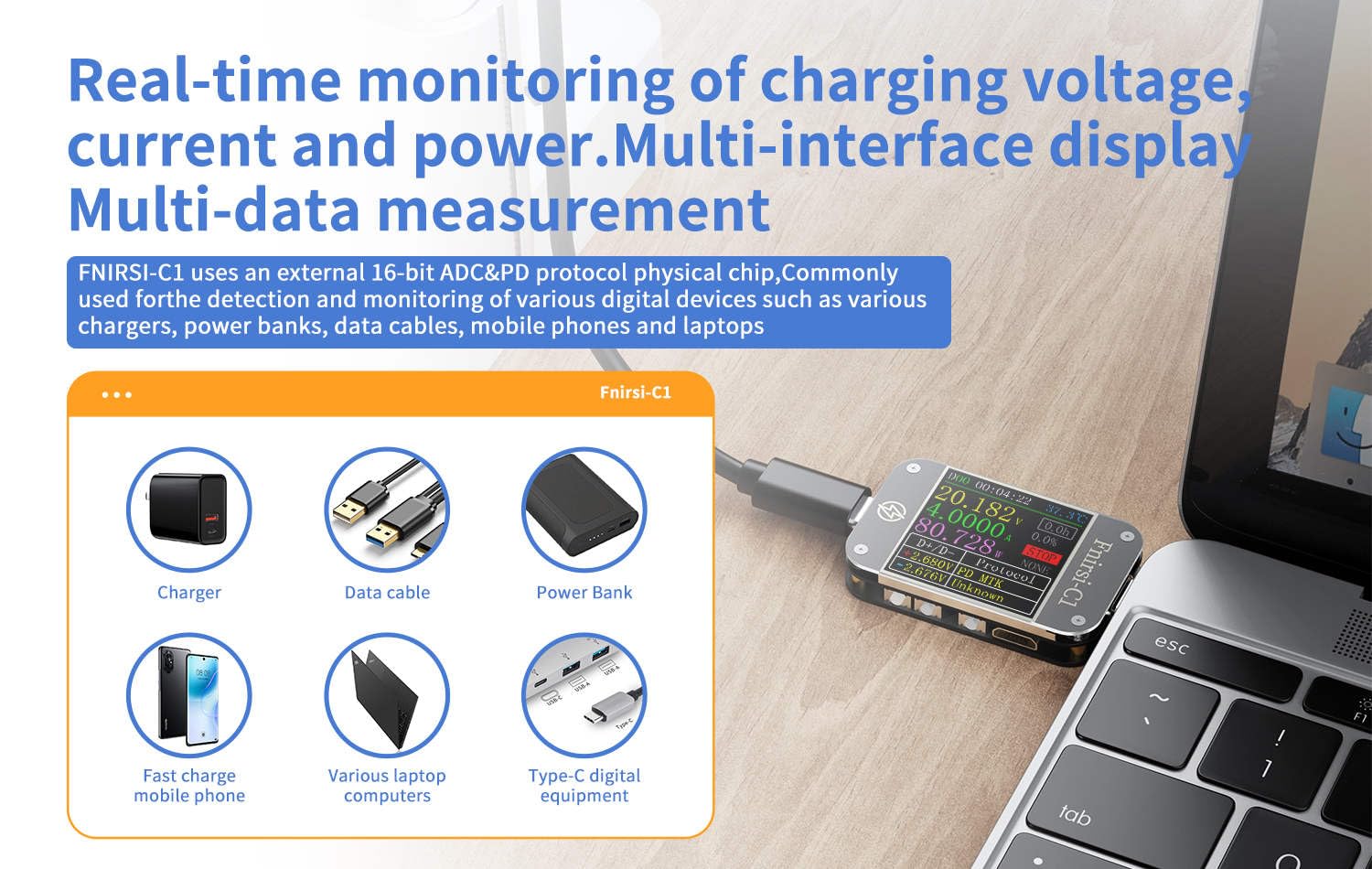 Fnirsi USB Tester Charge Detection -C1 Typ-C PD Trigger USB-C Voltmeter Ammeter Fast Charging Protocol Test Type-C Meter Power Bank Tester mit PC Software(-C1+Bluetooth)