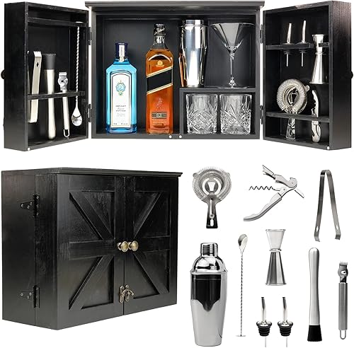 Excello Global Barndoor - Armario de bar con juego de barra de 16 piezas con ahumador de cóctel color negro
