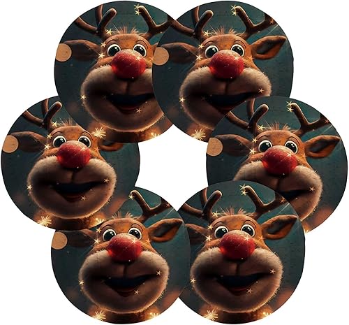 Miniatura 2 de Merry Christmas Cartoon Elk Drink Cotton Coasters 4 Inch Set of 6 with Holder Absorbent Cup Coasters for Table Kitchen Accessories Table Cup Decor
