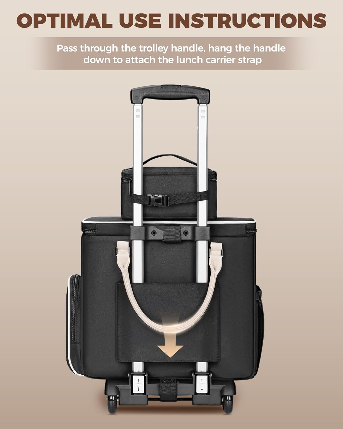 Ytonet Rolling Laptop Bag with Insulated Lunch Box, 15.6 In Rolling Briefcase for Women with Large Cup Holder, Detachable Trolley Roller Underseat Bags for Work, Office, Teacher, Travel, Black Beige - Image 7