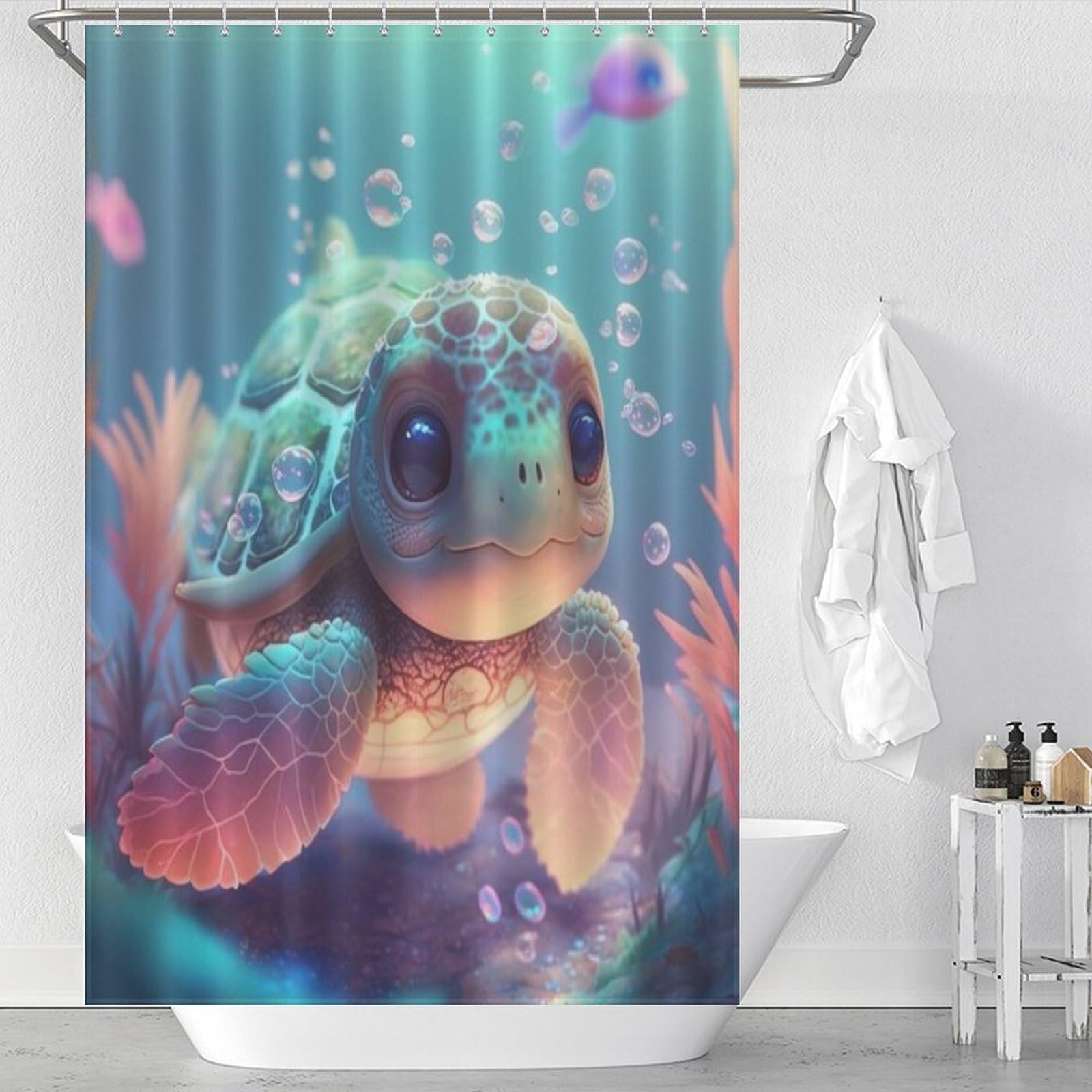 Rideau douche lavable machine motif tortue pour égayer la salle de bain des enfants