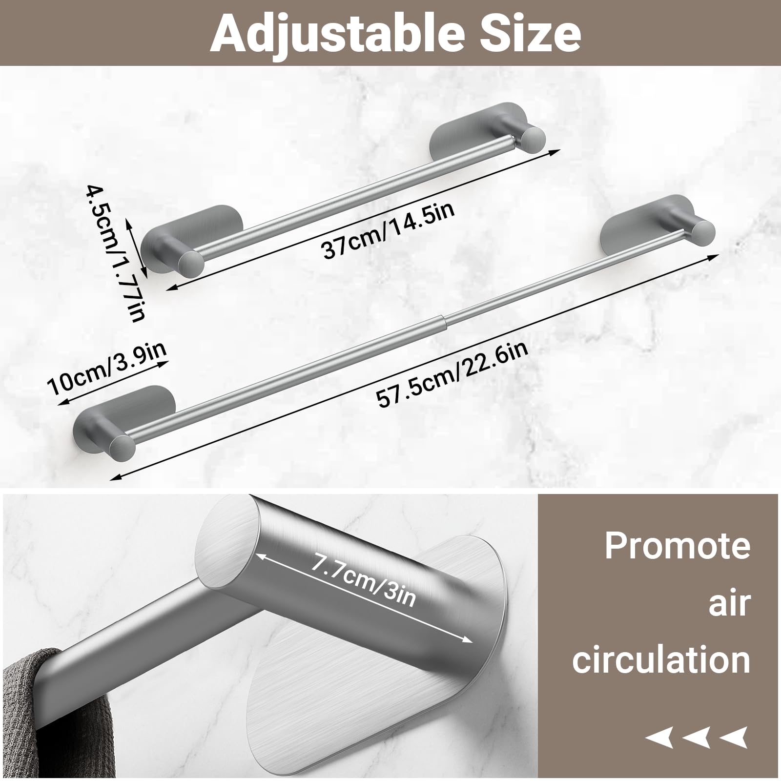 Alyvisun Porta Asciugamani da Bagno Adesivo in Acciaio Inox, Estensibile da 37 cm a 57,5 cm, Porta Asciugamani da Parete per Cucina e Bagno, Portasciugamani Adesivo