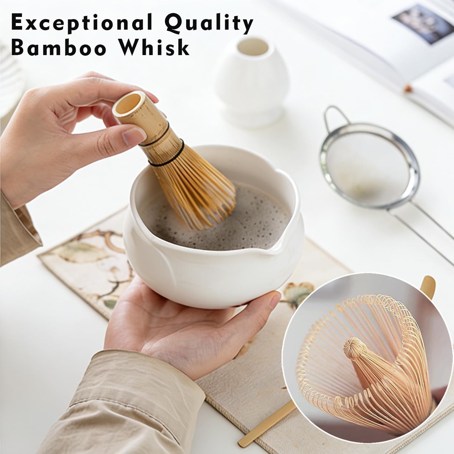 5Pcs Matcha Set Bowl and Whisk, White Ceramic Matcha Set Kit, Complete Matcha Making Kit Gift for Ceremony Matcha Tea Lover - Image 4
