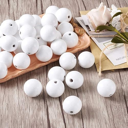Miniatura 6 de Cheriswelry 50 cuentas redondas europeas de madera natural blanca con agujero grande de 0.96 a 1.18 pulgadas pintadas en aerosol de madera maciza