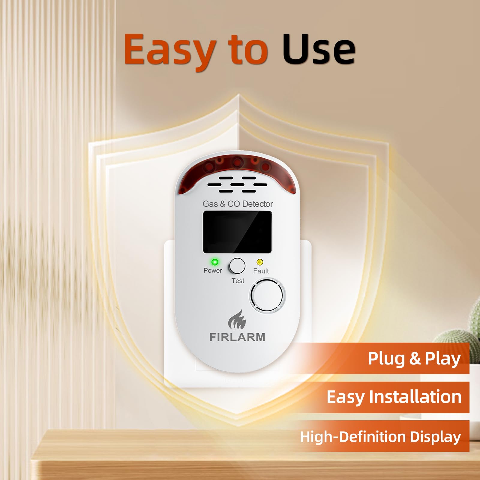 Firlarm Gas und Kohlenmonoxid Melder Haus, Kombinierte Gaswarnmelder & CO Melder mit Stecker und LED-Anzeige, Brennbaren Gasdetektor and CO Warner für Küche, Wohnmobil und Garage