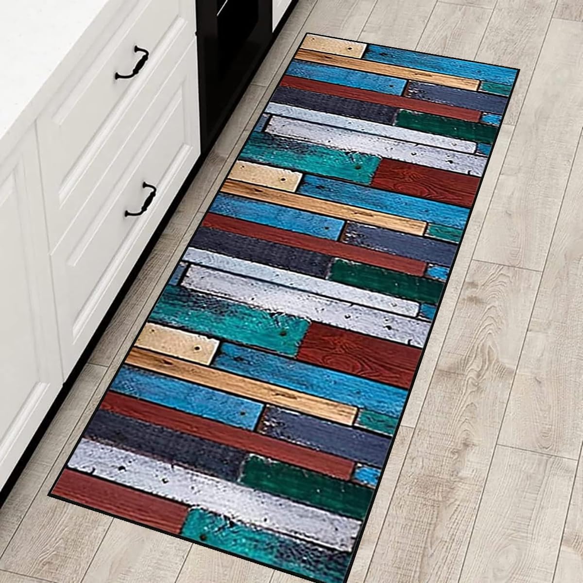 Teppich Läufer Flur Teppichläufer Küchenläufer Küche Teppiche rutschfest Waschbar Bettvorleger für Flur Waschküche, 120x400cm Blaue rote grüne Retro Holzplatte
