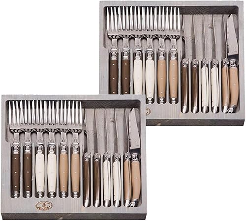 (D) Juego de cubiertos Laguiole hechos a mano franceses de 12 piezas en una caja, paquete de 2 (lino)