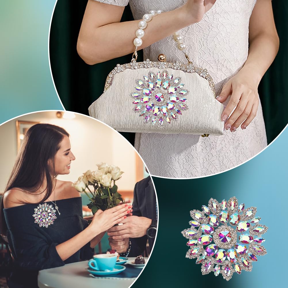 FINGERINSPIRE Clear AB Round Glass Rhinestone Applique with Metal Chain Back 11cm Floral Rhinestone Patch Flower Crystal Patch Platinum Rhinestone Appliques for Wedding Bridal Wedding Dress DIY - Image 5