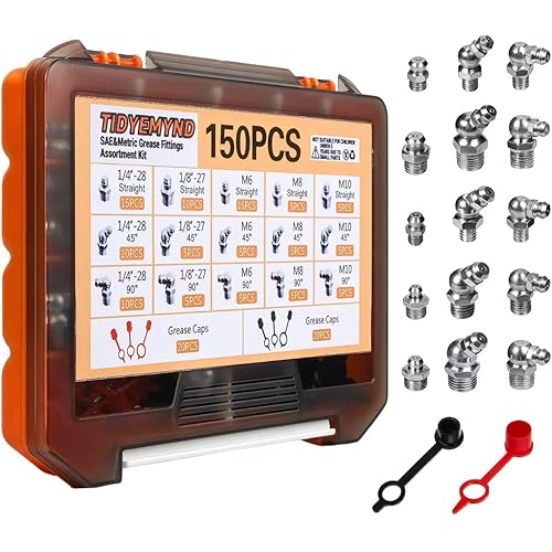 Grease Fittings Assortment, 150Pcs SAE & Metric Zerk Grease Fittings 1/4" 1/8" M6 M8 M10，Straight 45 90 Degree with Grease Fitting Caps for Grease Gun, Fit Agricultural Equipment &Trucker