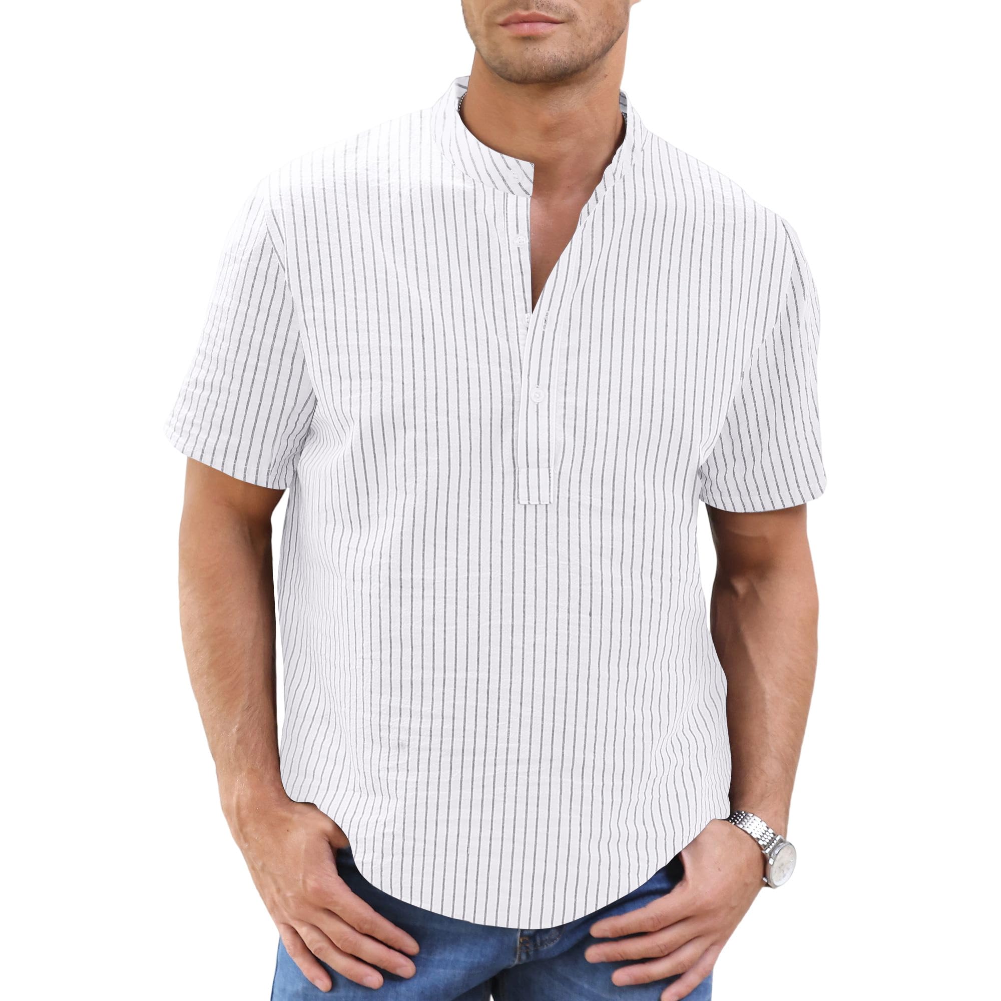 CTU Camisas de lino para hombre, estilo casual, de algodón, cuello henley, a rayas, camisa de verano de manga corta