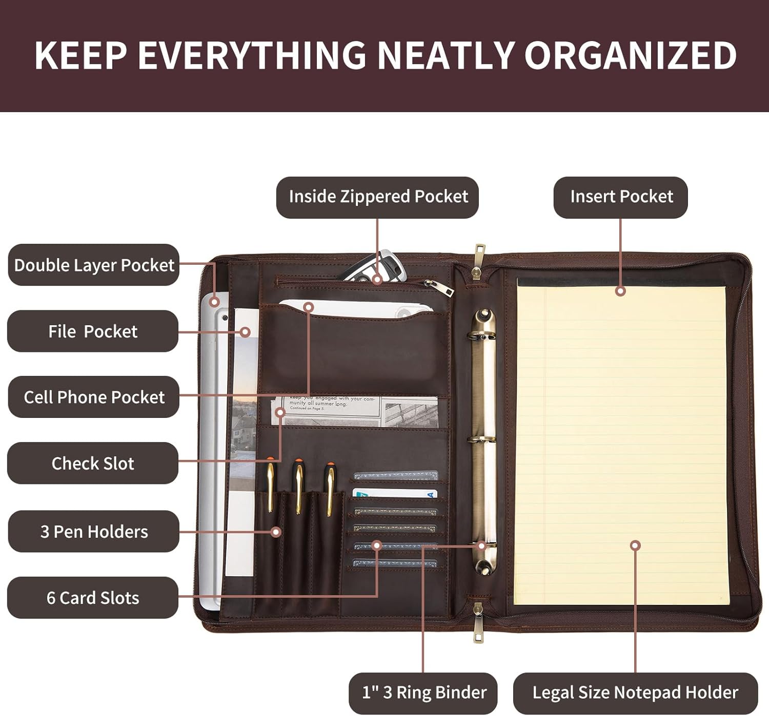 Genuine Leather 3 Ring Binder Portfolio, 8.5 x 14 Legal Size Pad Holder, Hidden Handle, Zippered Padfolio with 15” Laptop Organizer, Professional Business Folio for Men Women, Dark Khaki - Image 8