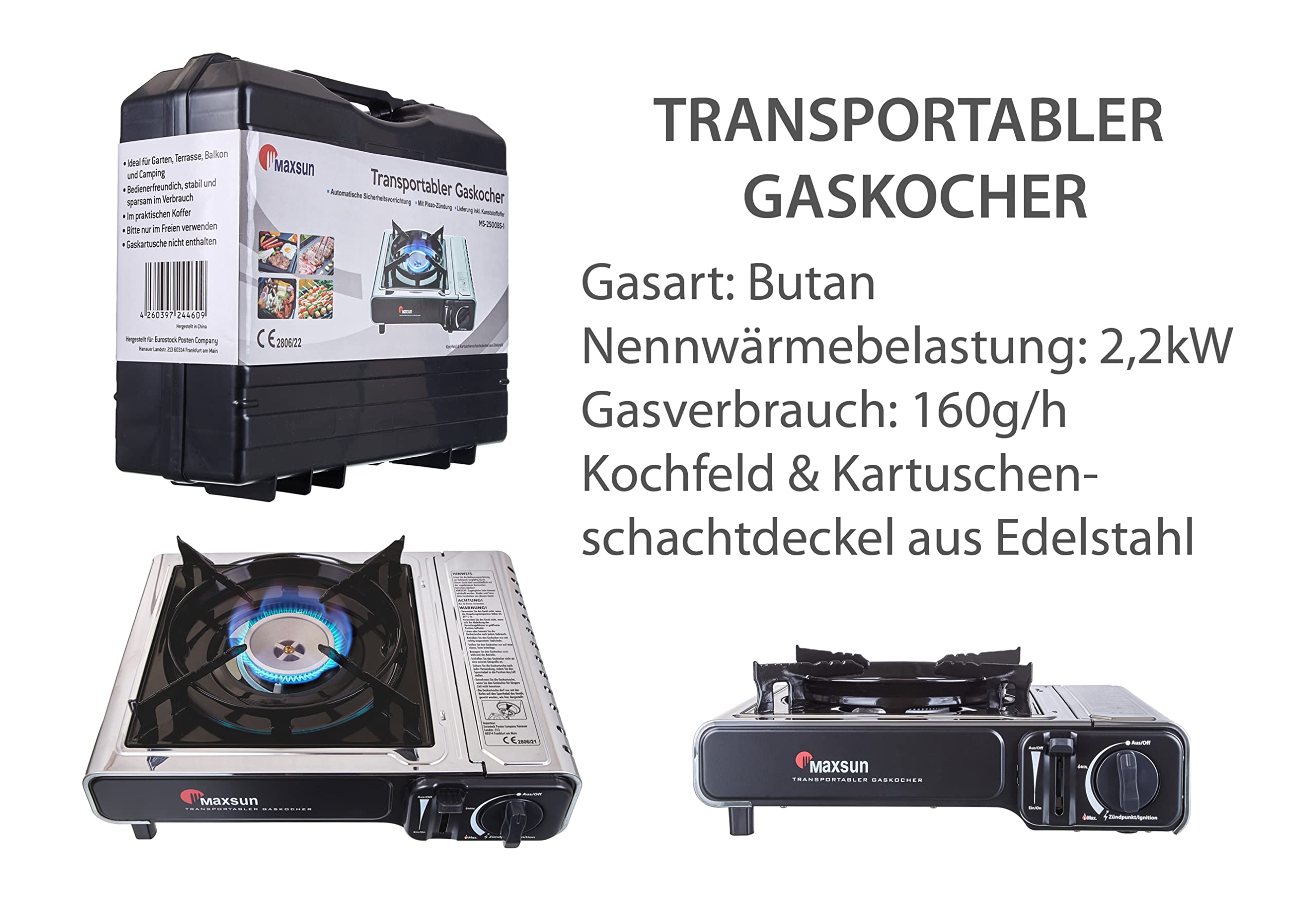 Maxsun | MaXimum Edelstahl Premium Gaskocher Set | tragbarer Campingkocher | Gaskartuschen Kocher (Kocher + 16 Kartuschen)