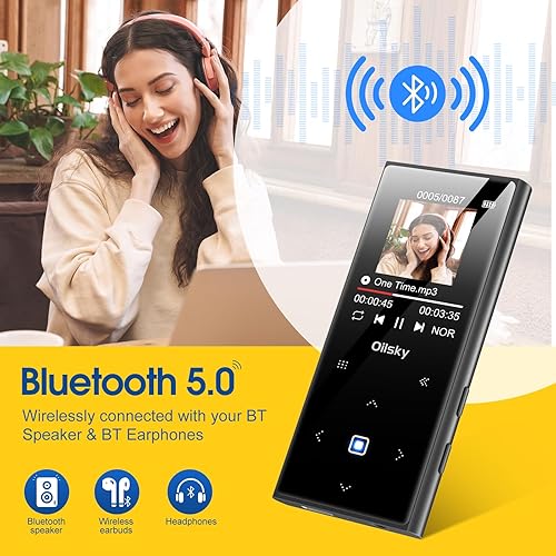 Miniatura 3 de Reproductor de MP3 de 64 GB Bluetooth 5.0, reproductor de música digital portátil sin pérdidas con radio FM, altavoz integrado, botón táctil,
