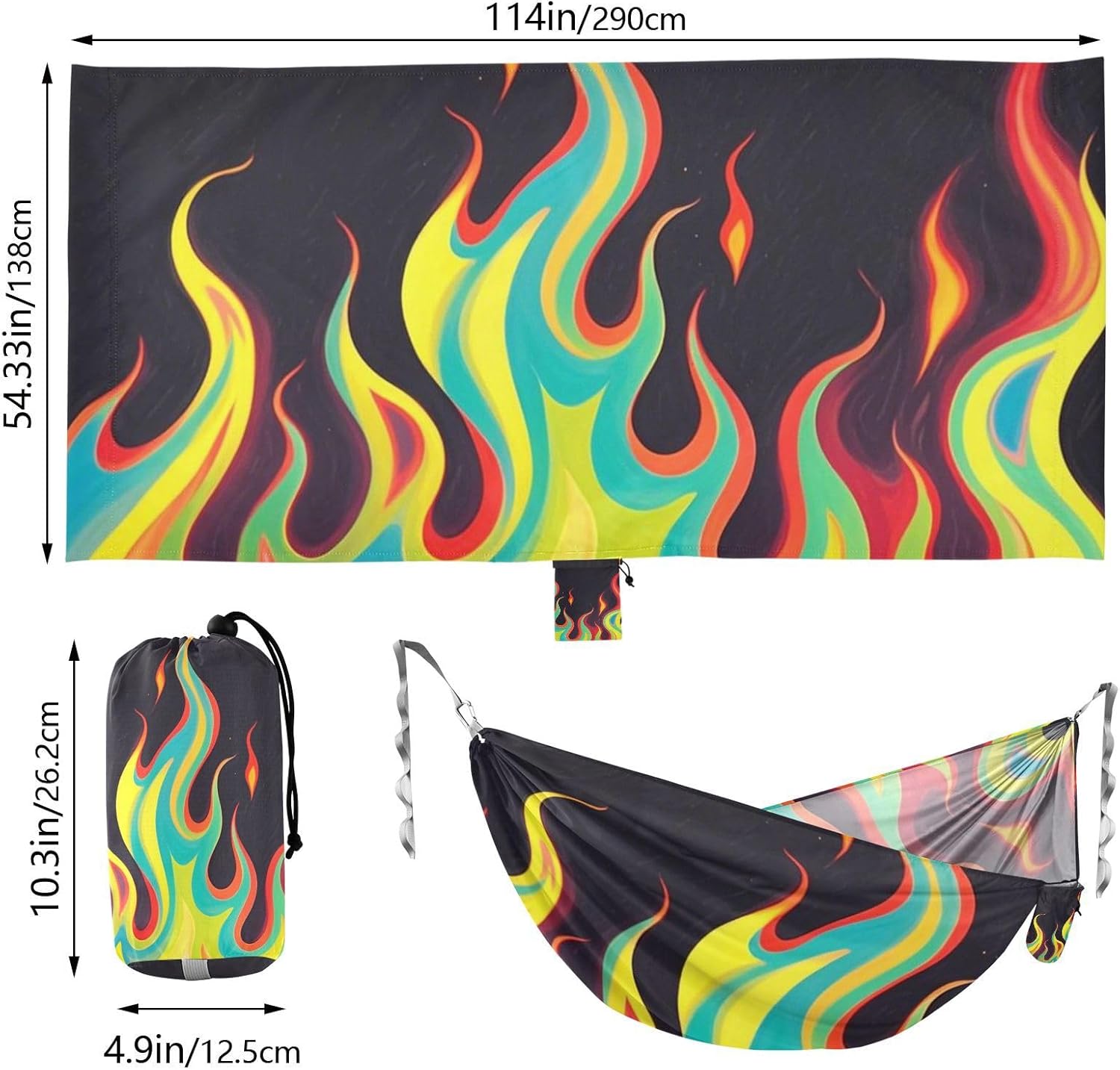 Black Fluorescent Cool Flame Color Hammocks with Tree Straps Fabric Hammock for Outside Camping Essentials