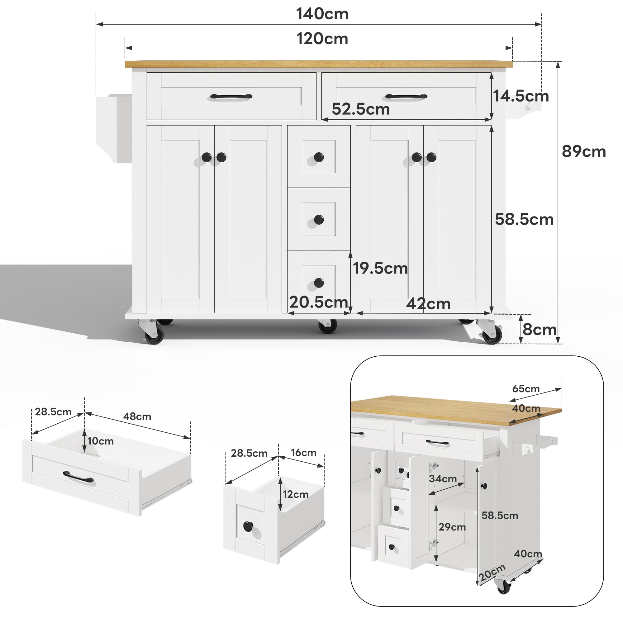 Merax Kücheninsel, Kitchen Island mit Klappbarer Arbeitsplatte, 5 Rollen, 2 Schrank, 5 Schubladen, Handtuchhalter und Gewürz, Küchenwagen, Küchenschrank für Küche, Esszimmer, 140×65×89cm (Weiß)