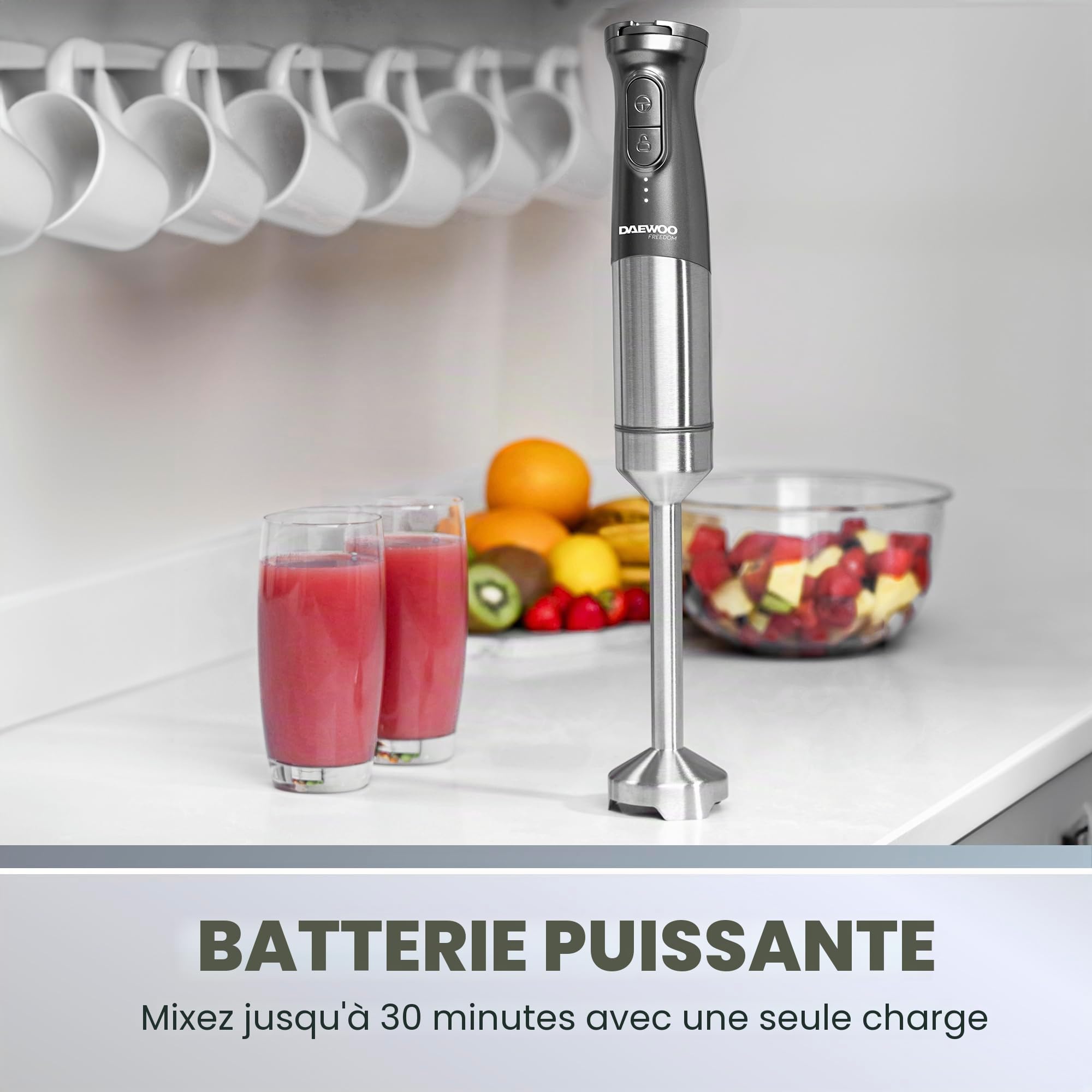 Daewoo Freedom Mixeur portatif sans fil 3 en 1 avec fouet et mini hachoir avec pot inclus, charge rapide, indicateurs de batterie, moteur puissant, design élégant en aluminium brossé, portable