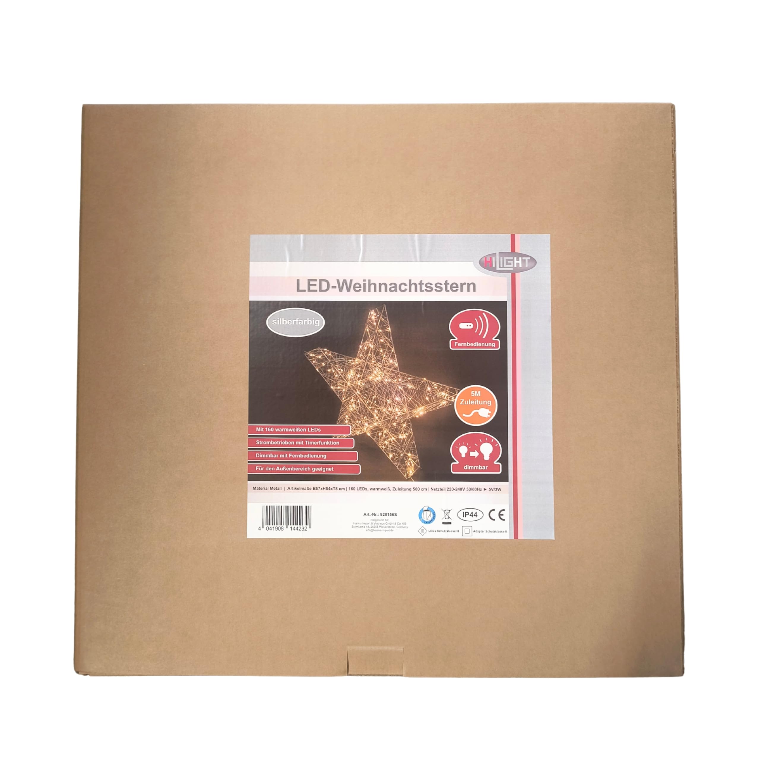 Strombetriebener LED Weihnachtsstern Silber mit Fernbedienung & Timer - dimmbar - Dekostern beleuchtet mit warmweißen LEDs Innen/Außen Weihnachtsdeko Fensterdeko (Silber, 160 LEDs - B57xH54xT8)