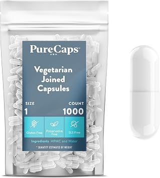 PureCaps USA - Empty Vegetarian Vegan Pill Capsules Size 1| 1,000 Joined Pills| White| Non-GMO Certified | SLS, Gluten, Preservative Free