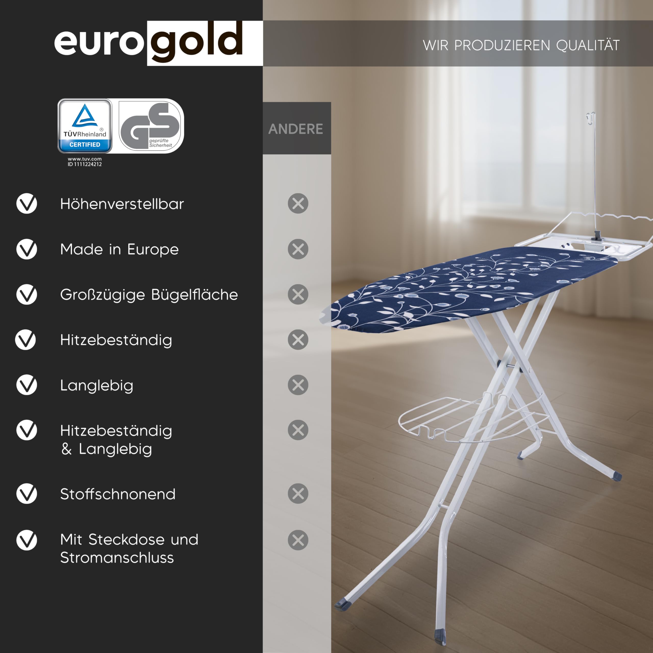 EUROGOLD Bügelbrett für Dampfbügelstation 120x42 cm – XL Bügelbrett breit & stabil, höhenverstellbar, Bügelbrett mit Steckdose, klappbar, Baumwollbezug Oeko-TEX, Bügelstation mit Ablage (Melody)