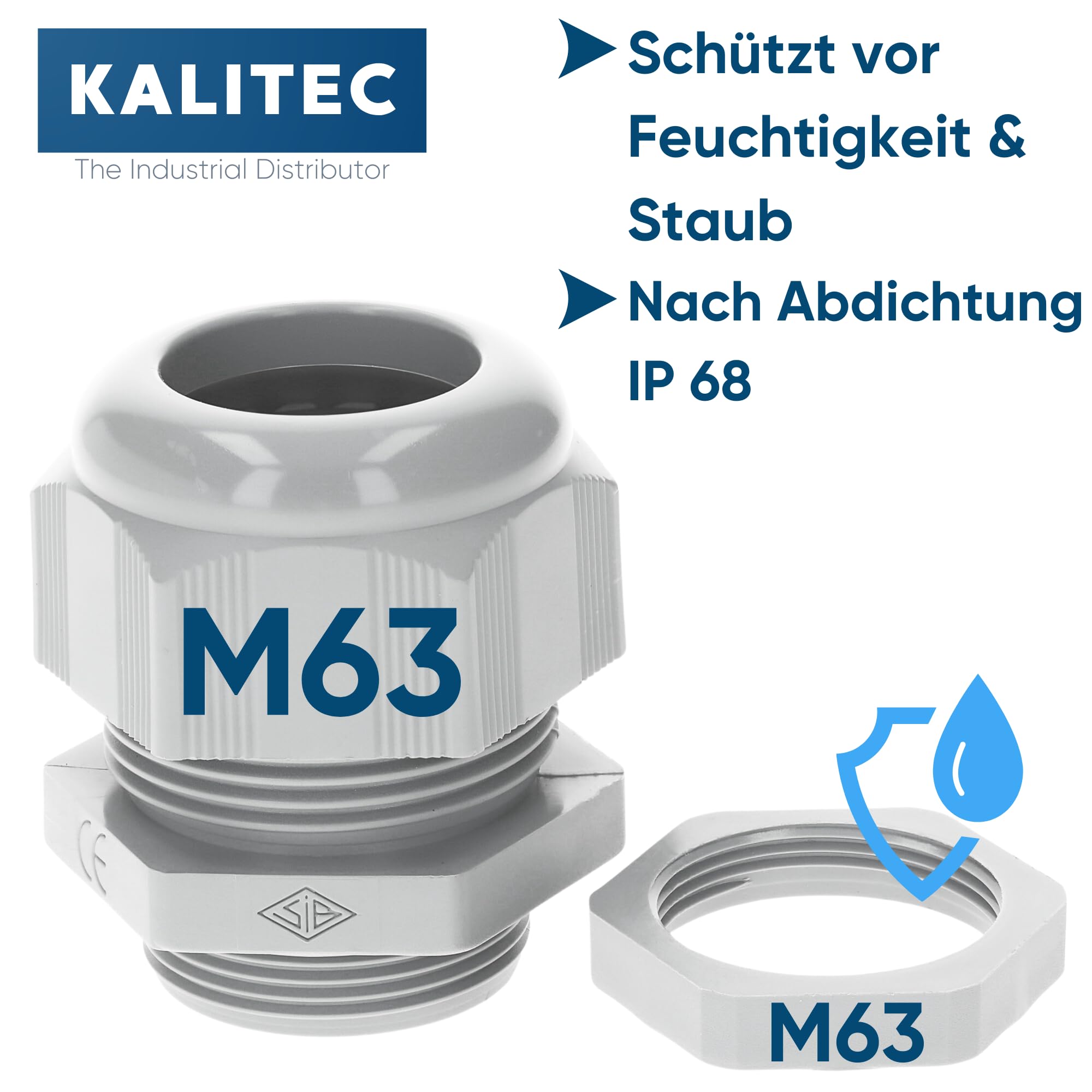 Kalitec 10x Pressacavo M63 in Plastica, 35.0-48.0 mm, Grigio Chiaro IP68 | Set con controdado, passacavo impermeabile per quadri elettrici e automazione, resistente a vibrazioni e temperature