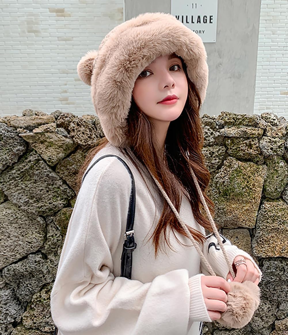 Winter Pompom Beanie Hats for Women Fluffy Knit Womens Beanie Faux Fur Crochet Skull Cap Warm Bucket Outdoor Ear Cover - Image 5