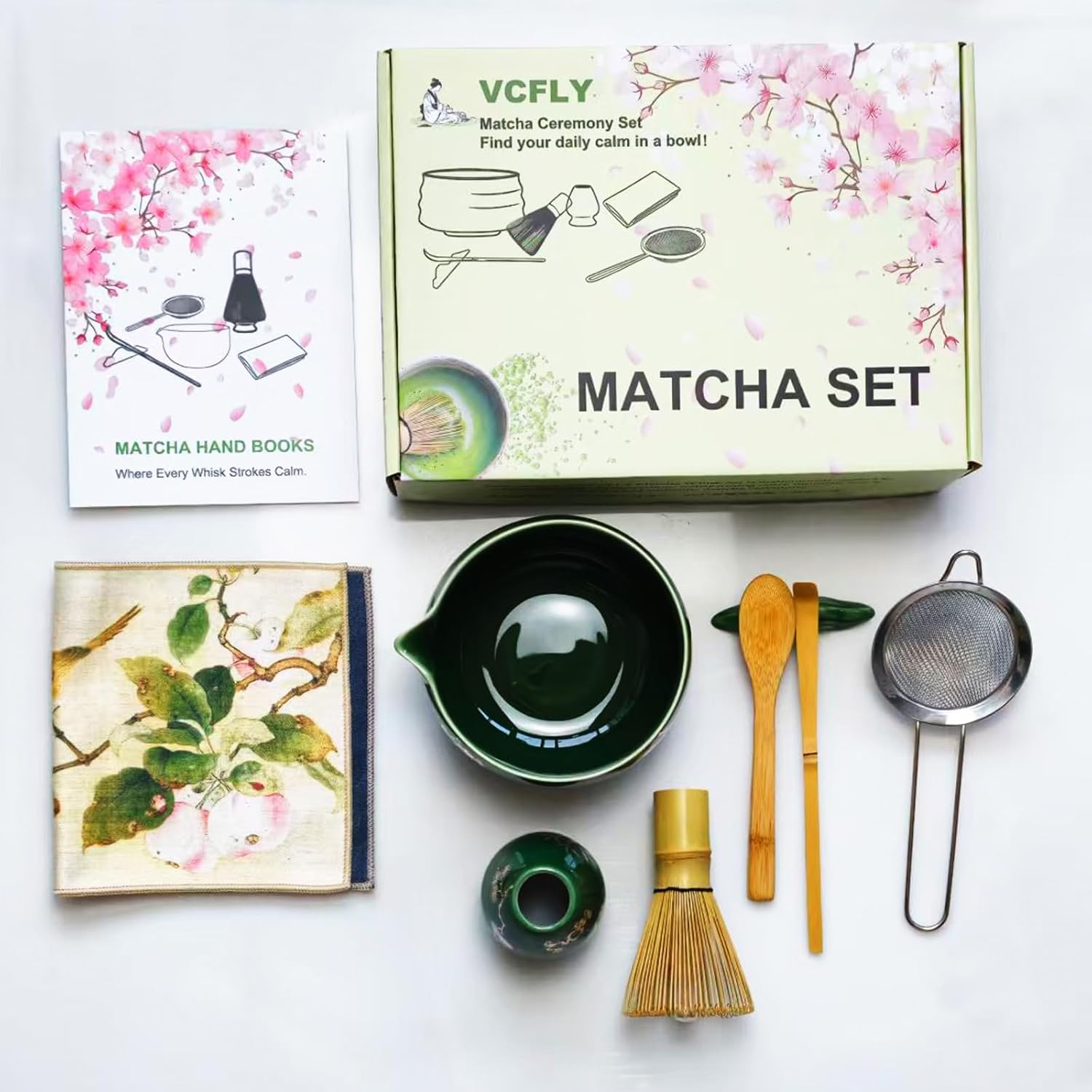 Matcha Whisk Set,8 Pcs Ceramic Matcha Set for Ceremony,Matcha Whisk kit with Bowl,Bamboo Whisk and Holder,Scoop,Sifter,Gift for Matcha Lovers Family and Friend Green - Image 7