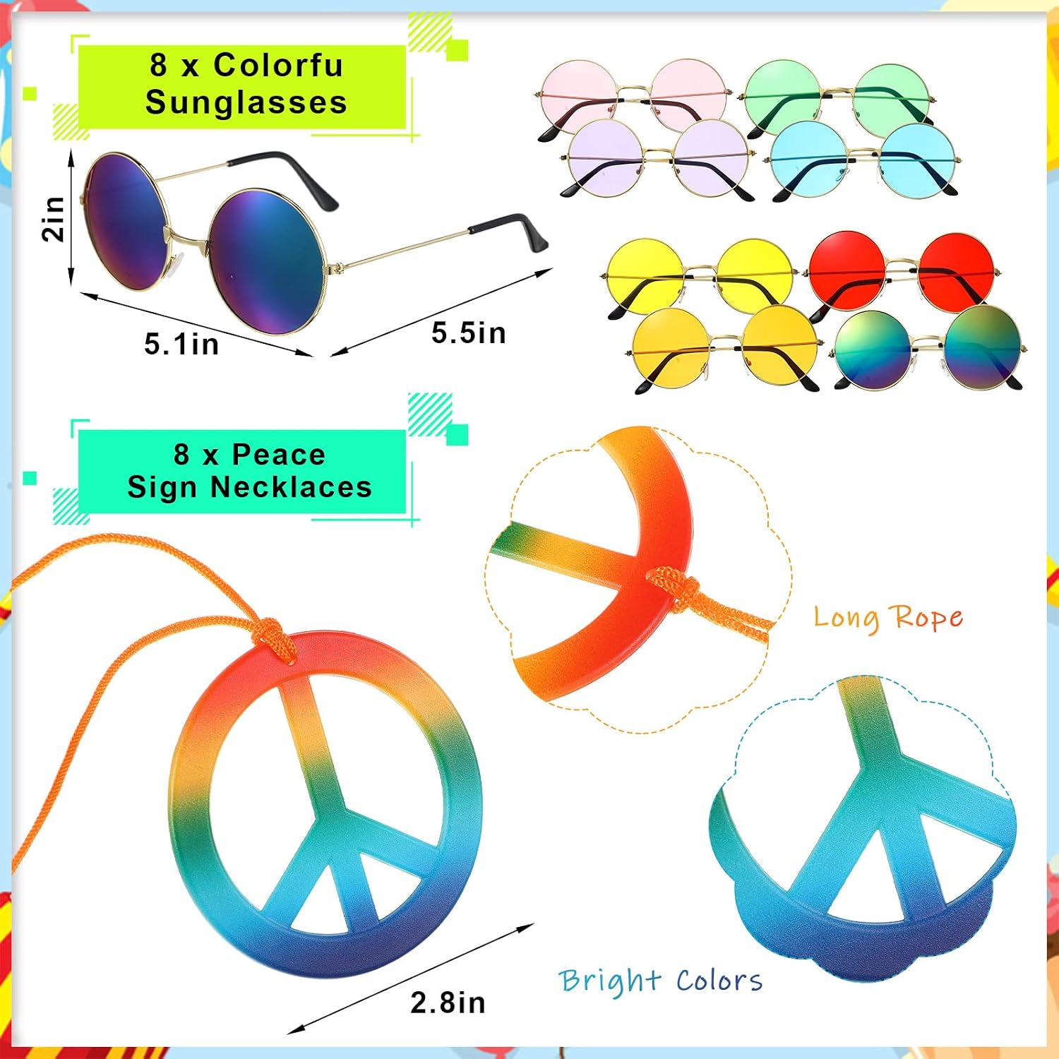 MTLEE 24 Pcs Hippie Costume Accessories Set for Women, 60s 70s Accessories Peace Sign Necklaces Tie Dye Headband Sunglasses for Men Couples Party Supplies