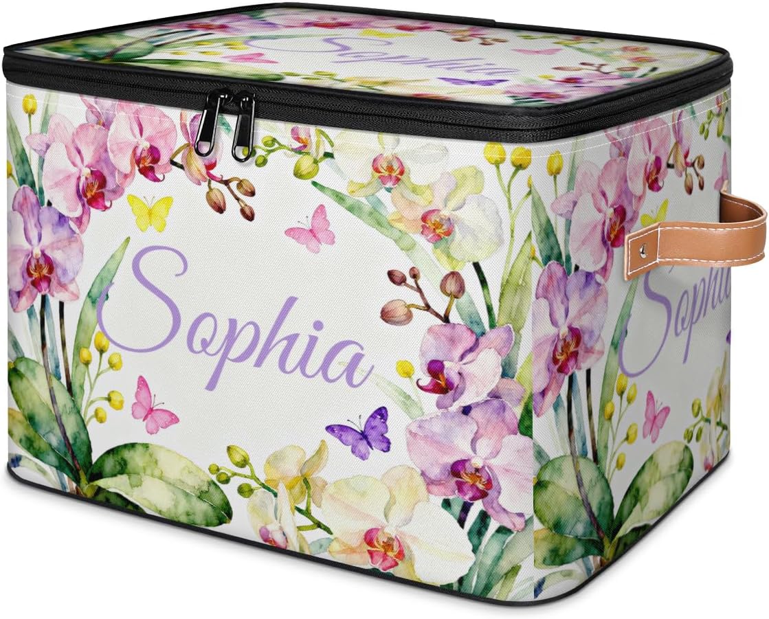 Custom Storage Bins with Zipper Lid Colorful Wildflowers Lidded Storage Boxes Baskets Foldable Closet Shelf Clothes Organizer Container with PU Leather Handles