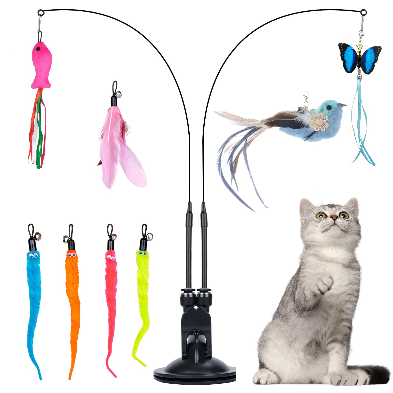 MEYDLL 11 Piezas Juguetes para Gatos, Juguete con Pluma para Gatos, Juguetes para Gatos con 2 Varillas Interactivas para Gatos, Ventosas Fuertes con 2 Agujero Pájaro Pescado Mariposa Gusano