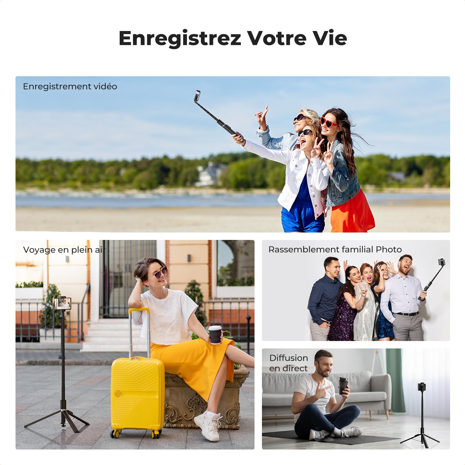 K&F CONCEPT 175cm Perche à Selfie Auto-Ouvert,Selfie Stick Trépied avec Télécommande Bluetooth & Griffe Froide, 360° Rotation, Trépied Smartphone Portable pour Voyages, Vloggers, iPhone/Samsung, Noir