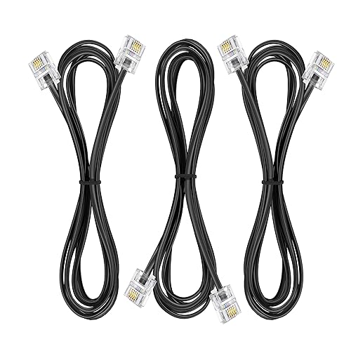 Vista 32 de Paquete de 3 cables de extensión de teléfono de 1 pie con enchufes RJ11 6P4C estándar para teléfono fijo y fax (3, negro, 1 pie) Negro