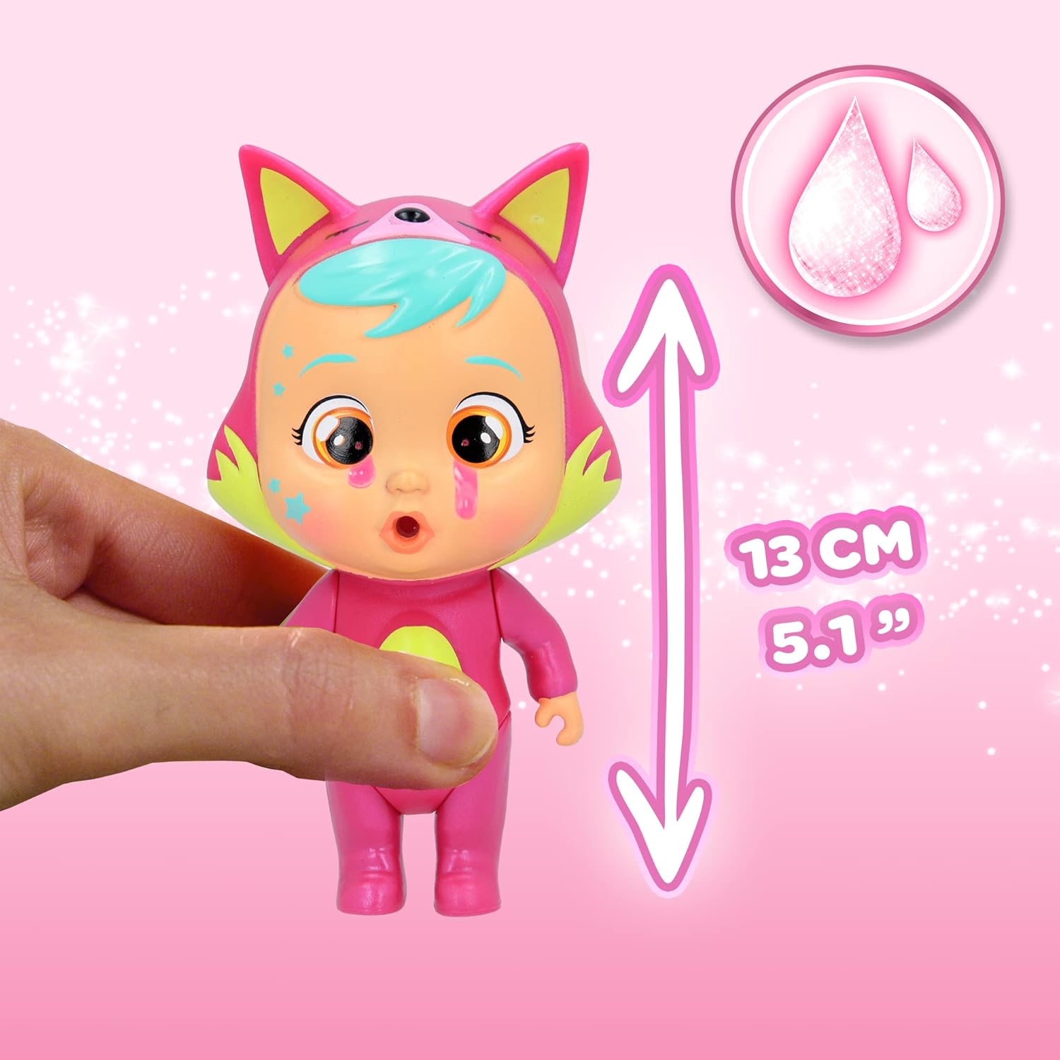 Cry Babies Magic Tears doll showing its 5.1 inch (13 cm) height.