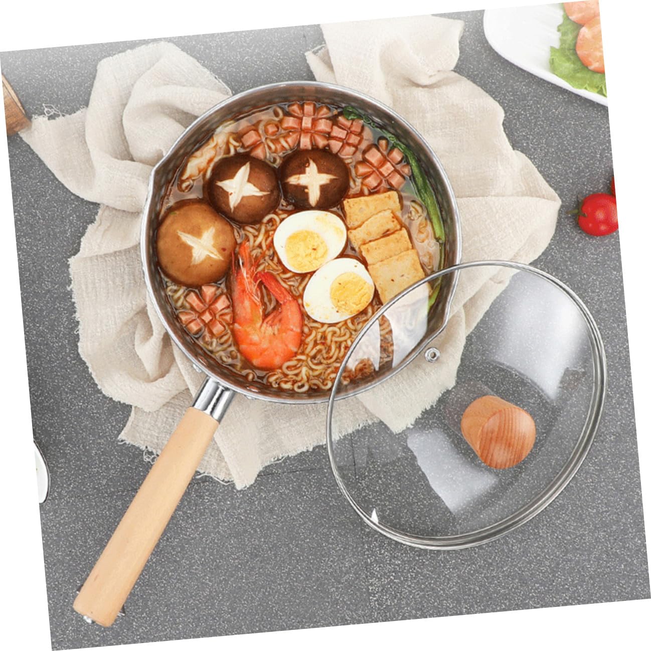 Edelstahl Kochtopf mit Deckel, Silber, für Nudeln und Suppe | Instant Nudeln und Babybrei, Hitzebeständiger Griff, Doppelter Ausguss, Vielseitig